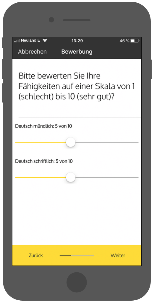 Bewertung der eigenen Sprachkenntnisse in der mobilen Bewerbungsapp applyNOW für iOS